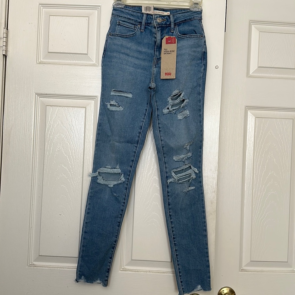 Levi 721 denim ripped jeans, high rise skinny, zipper up